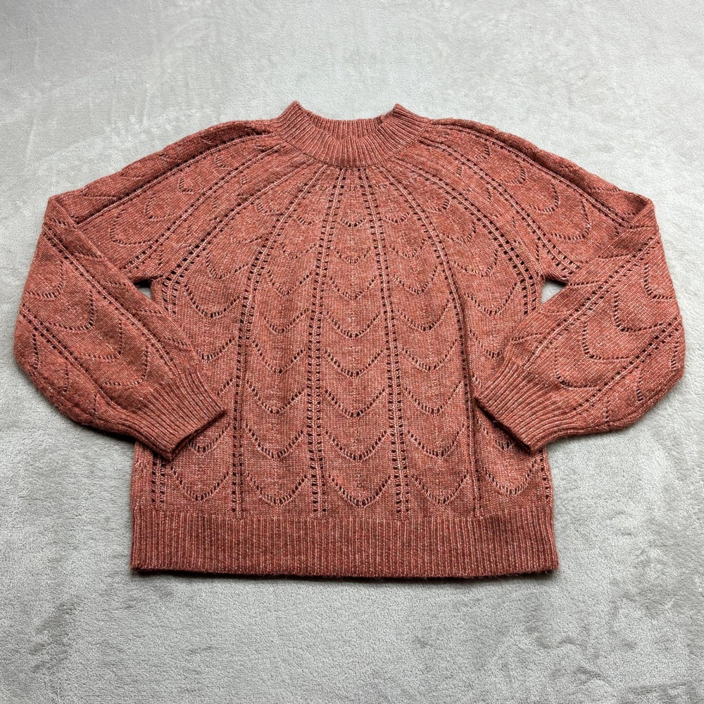 Aspen Pointelle Sweater Womens L Terracotta Mock Neck Scalloped Cottagecore Boho